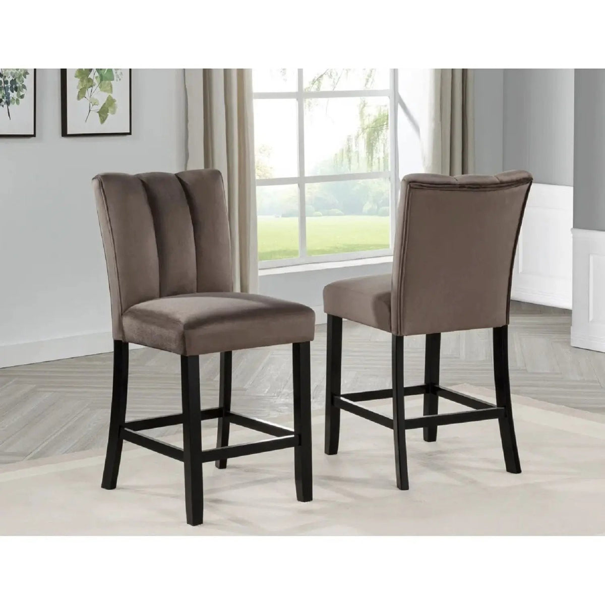 Upholstered Counter Height Chair | Velvet Cushion | Set Of 2 | Brown