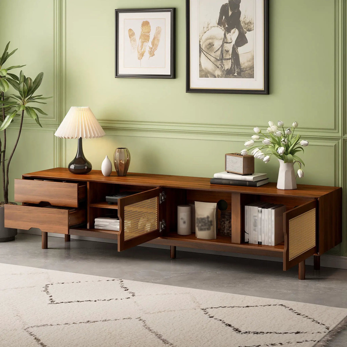 85 Inch TV Stand | Media Console With 2 Drawers | Woven Rattan Panels | Walnut