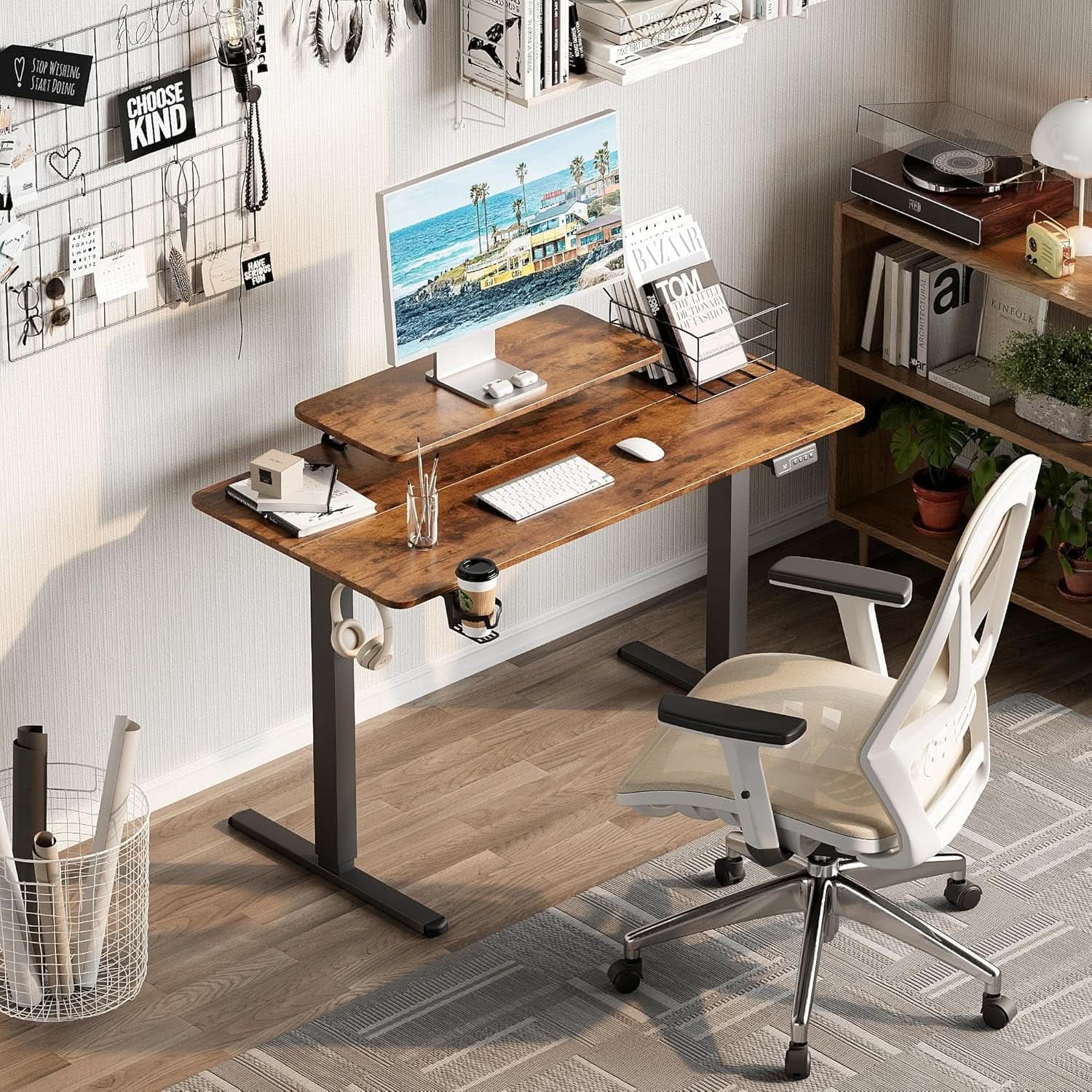 Electric Standing Desk With Monitor Stand 47x24 Brown from PriceLows™