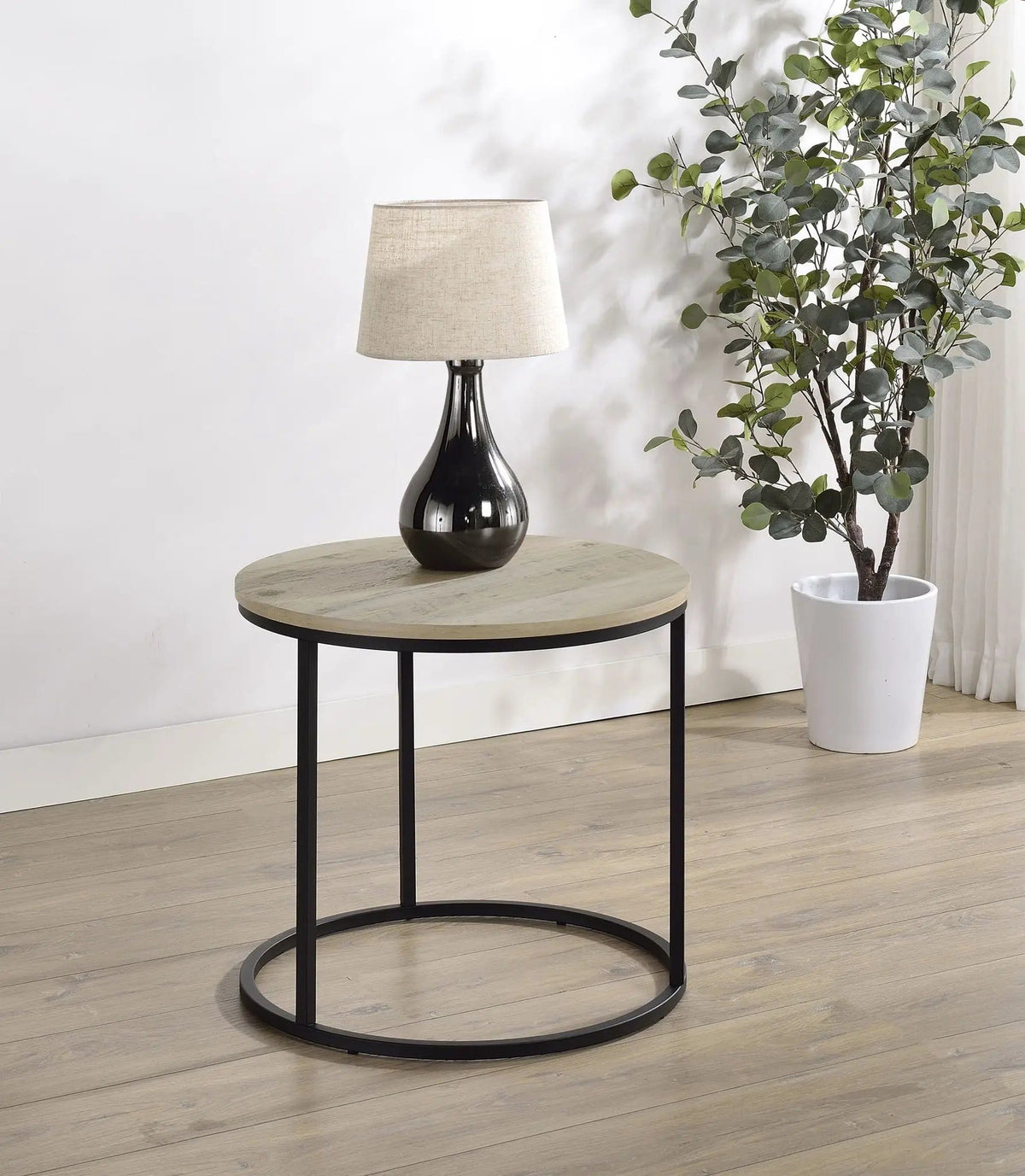 Lainey Round Occasional Side End Table Distressed Pine | 23 x 23 x 21.75 in | Metal | Living Room
