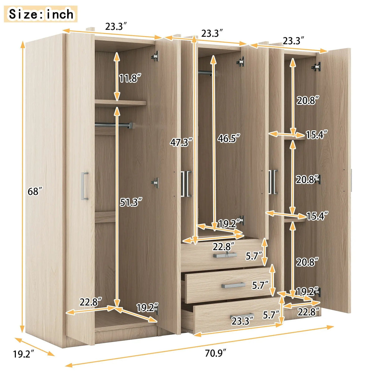 6 Door Wardrobe | Bedroom Storage | Big Drawers | 70.9 Inch Width