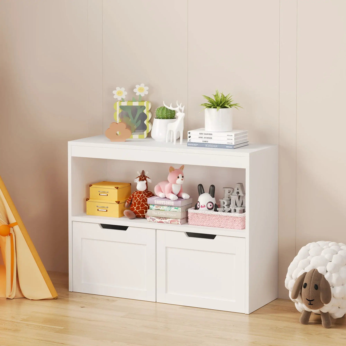 Kids Book Organizer | Two Large Drawers | Open Shelves | Removable Wheels