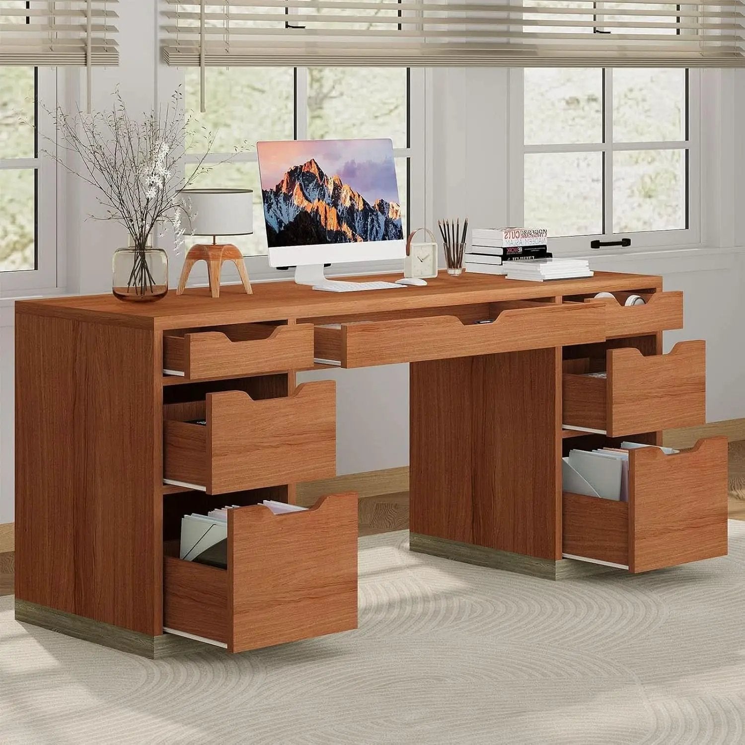 54 Inch Walnut Finish Executive Desk With Seven Drawers from PriceLows™