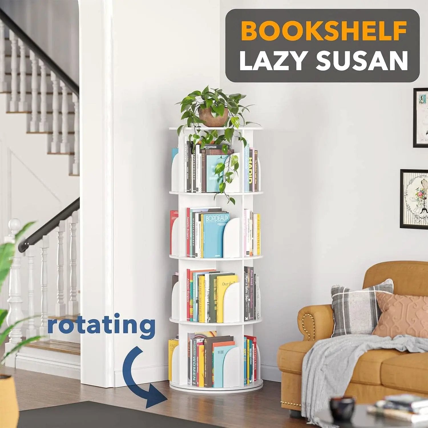 4 Tier Rotating Bookshelf Tower White Spinning Bookcase from PriceLows™