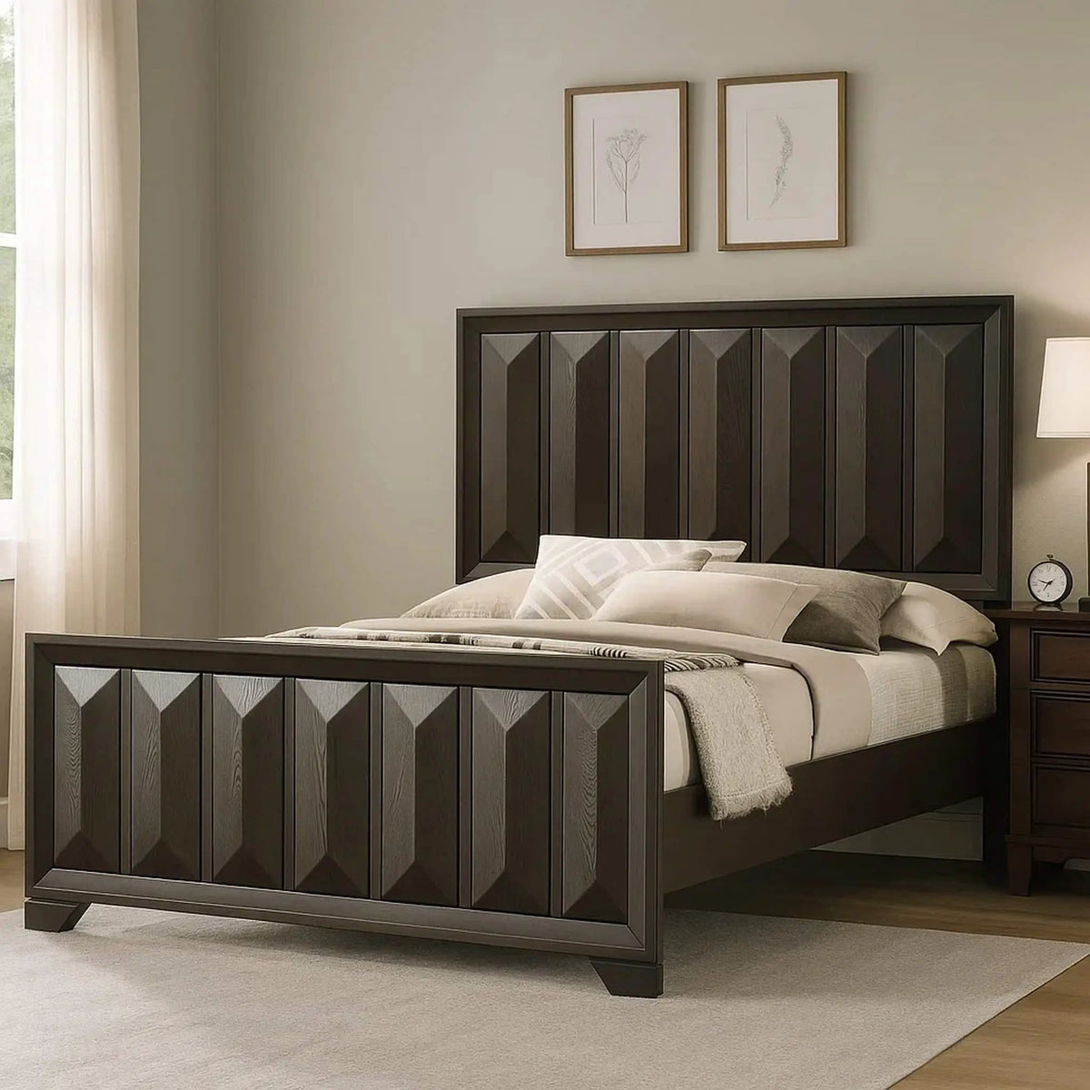 3-Piece Bedroom Set | Faceted Panel Bed | 2 Nightstands | Transitional Style