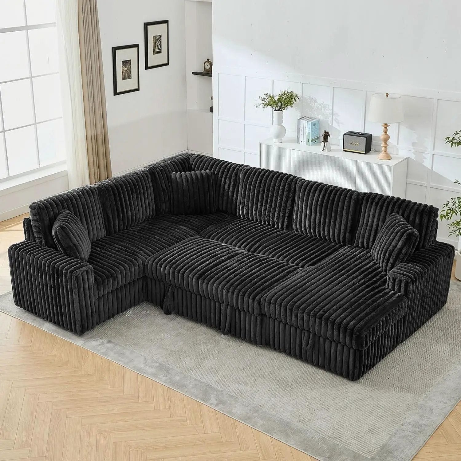 Black 122Inch U Shaped Sleeper Sectional USB Charging Ports from PriceLows™