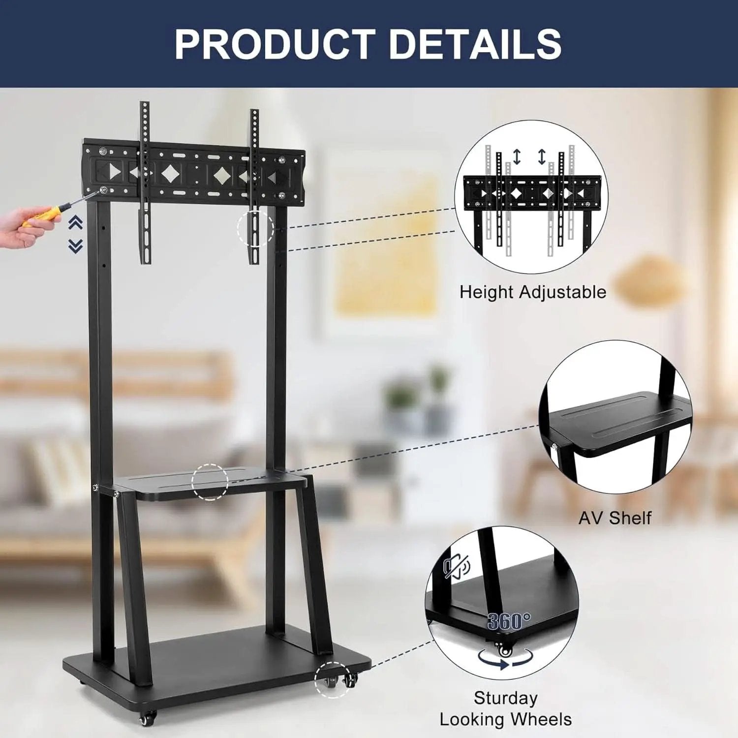 Height Adjustable Rolling TV Stand for 32-75 Inch TVs from PriceLows™