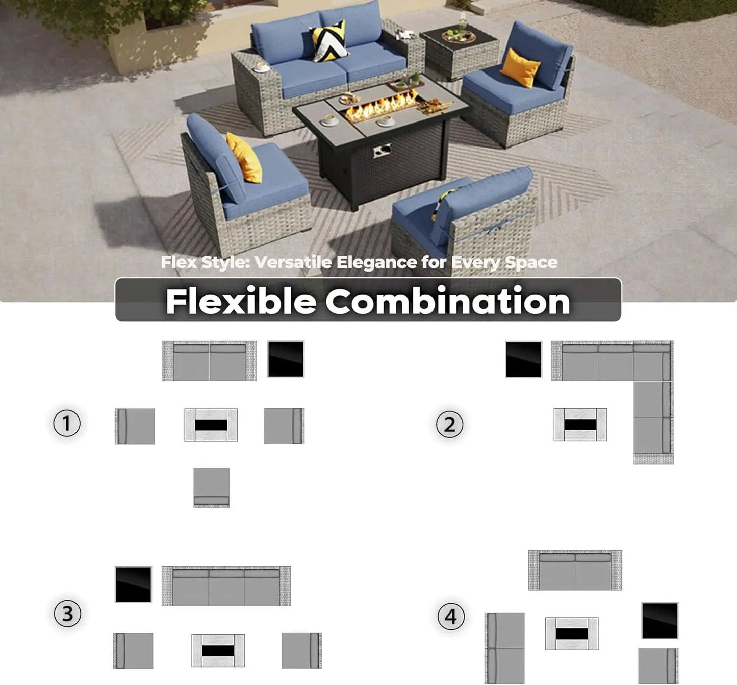 Modular Outdoor Wicker Sofa Set with Fire Pit Table from PriceLows™