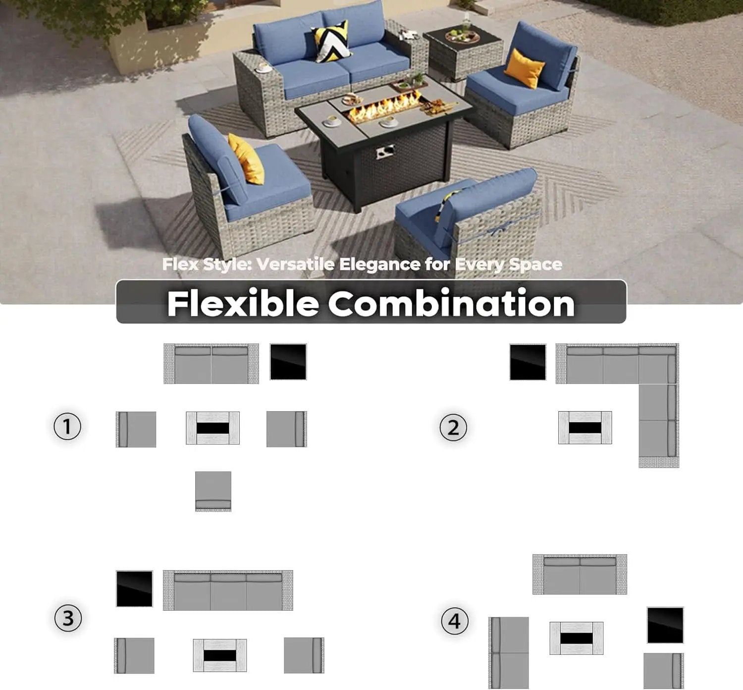 Modular Outdoor Wicker Sofa Set with Fire Pit Table from PriceLows™