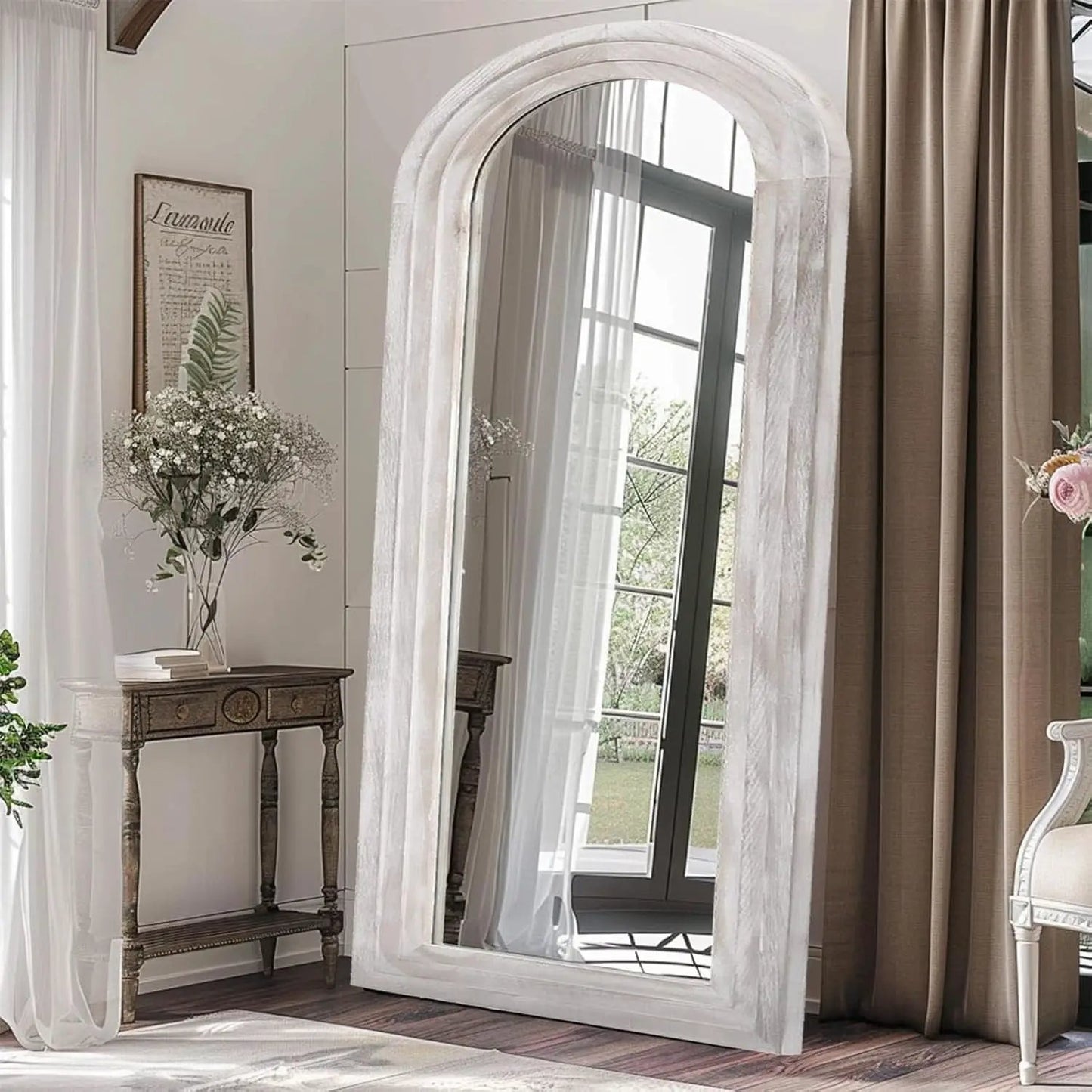 Arched Full Length Mirror With Solid Wood Frame 71x32 Rustic White from PriceLows™