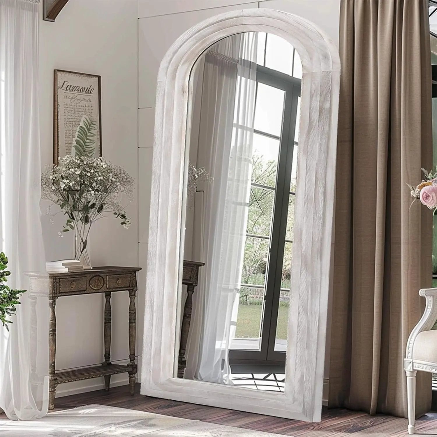 Arched Full Length Mirror With Solid Wood Frame 71x32 Rustic White from PriceLows™