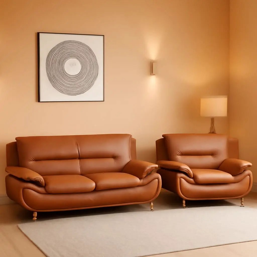 Faux Leather Two Piece Sofa Set In Orange With Wood Frame from PriceLows™