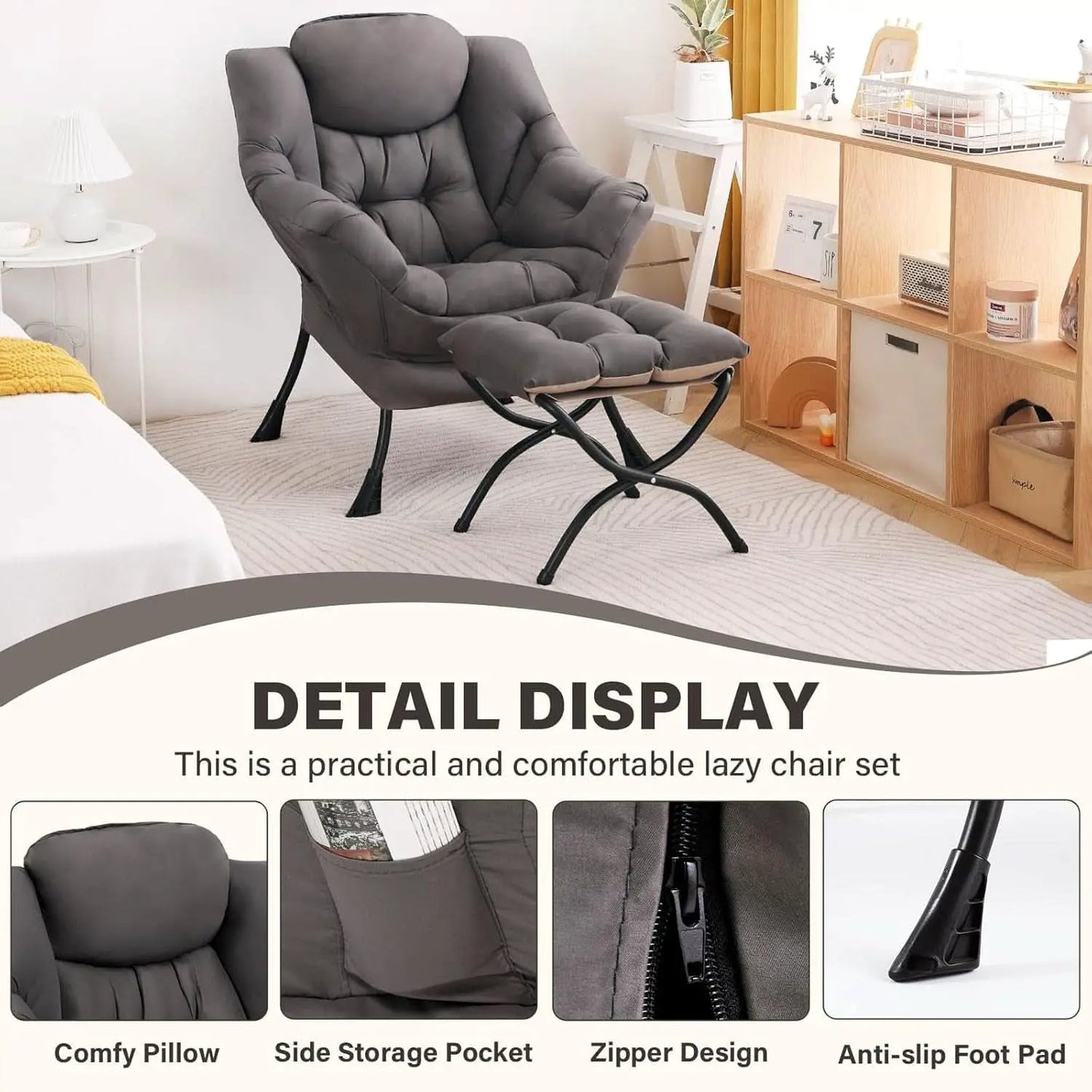 Dark Grey Lazy Chair With Armrests For Living Room Comfort from PriceLows™