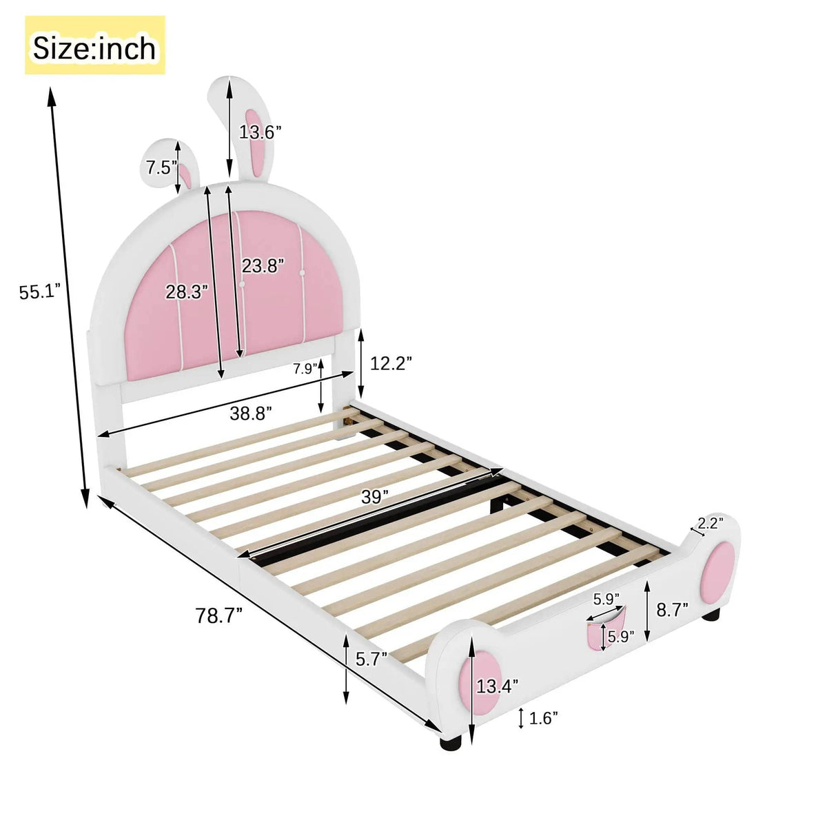 Upholstered Platform Bed With Rabbit Shaped Headboard | 78.7 x 39 x 55.12 in | Pine Wood | Bedroom