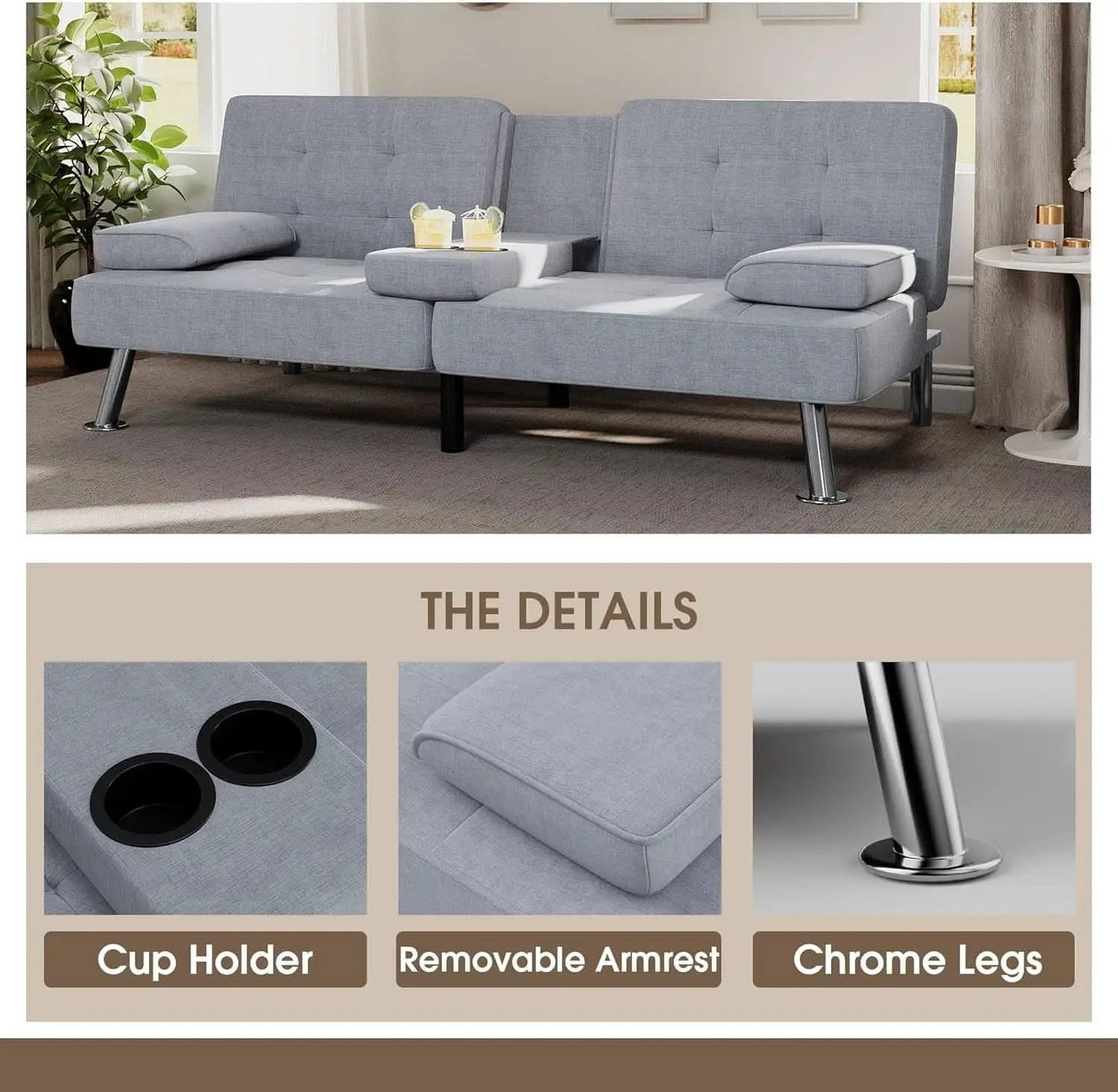 Futon Sofa Bed Light Grey Linen With Cup Holders Removable Armrests from PriceLows™