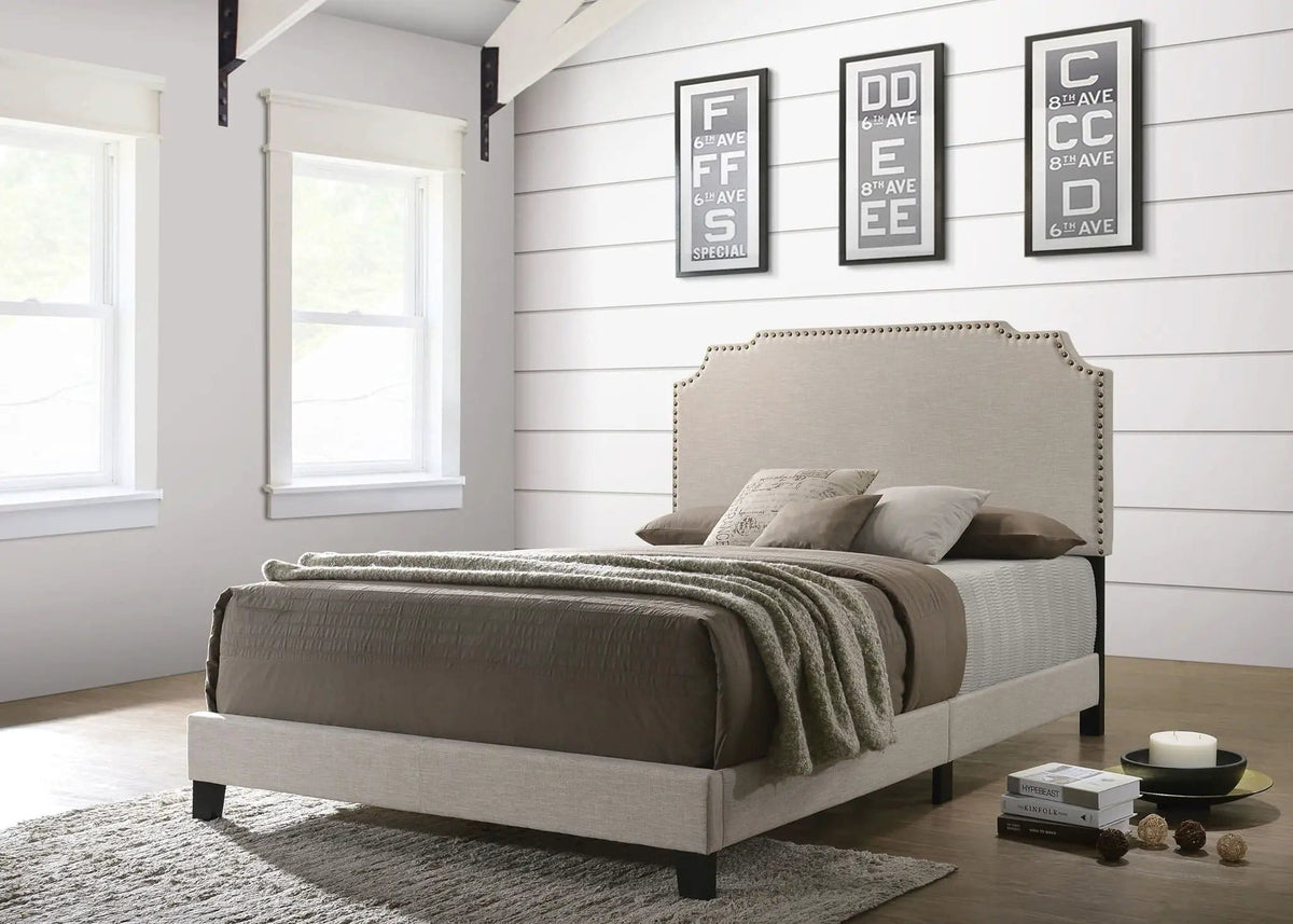 Tamarac Upholstered Queen Panel Bed | 64.25 x 86.25 x 51.25 in | Engineered Wood & Polyester | Beige