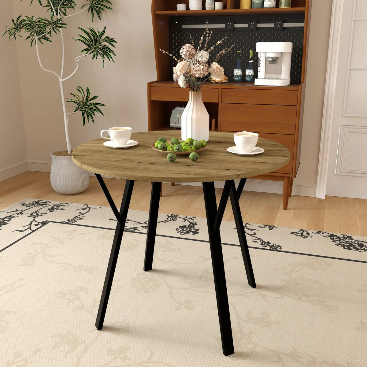Round Dining Table | Rustic Brown MDF Top | Black Steel Legs | Seats 2-4