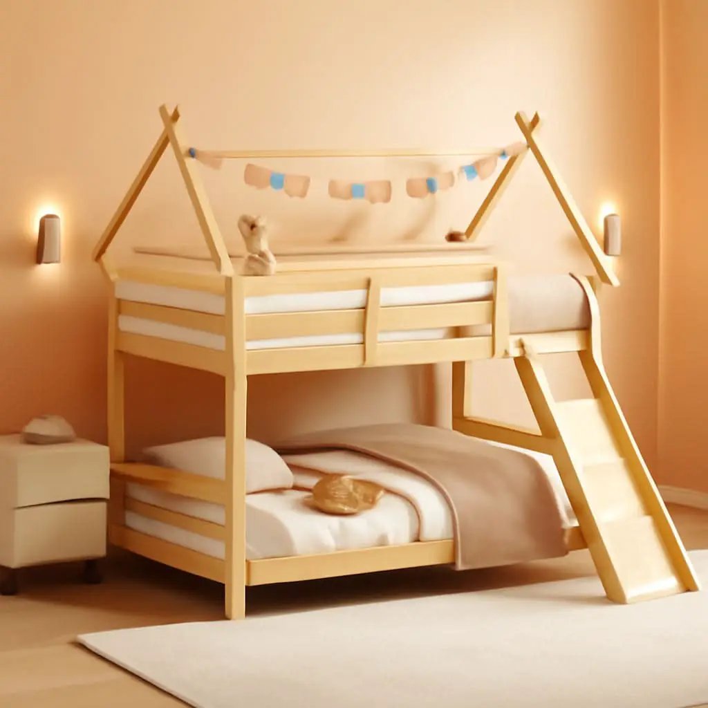 Twin Over Queen Bunk Bed With Climbing Nets Ramp Natural from PriceLows™