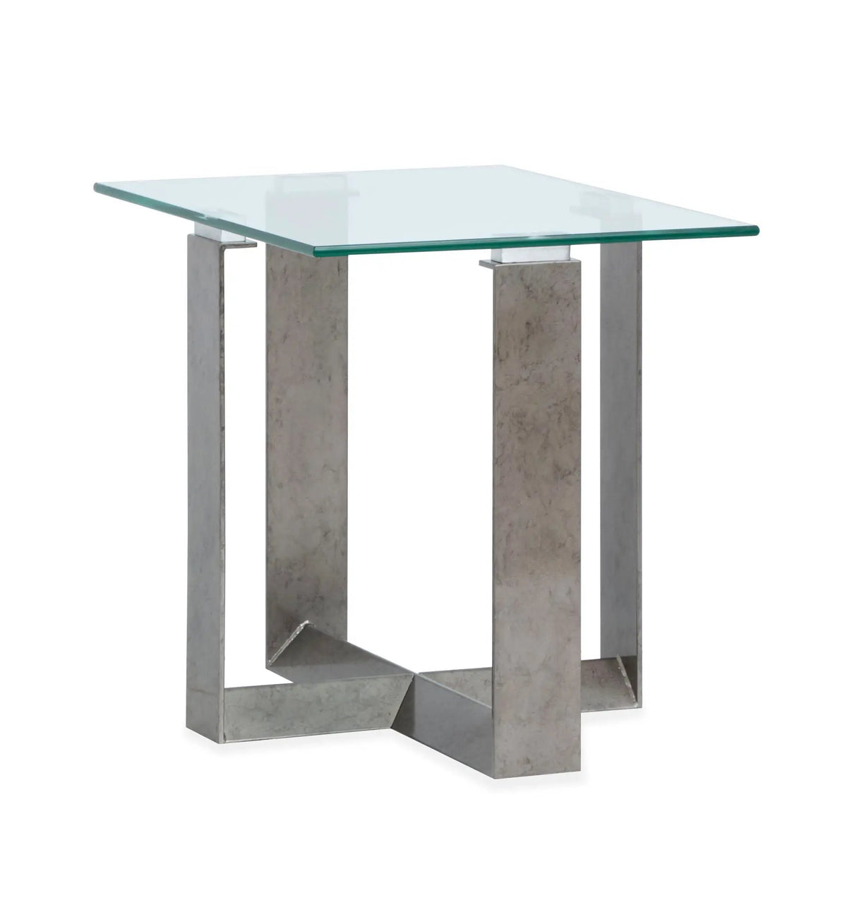 Holden Rectangular End Table | Aged Pewter Metal Frame | Tempered Glass Top | Triangular Base