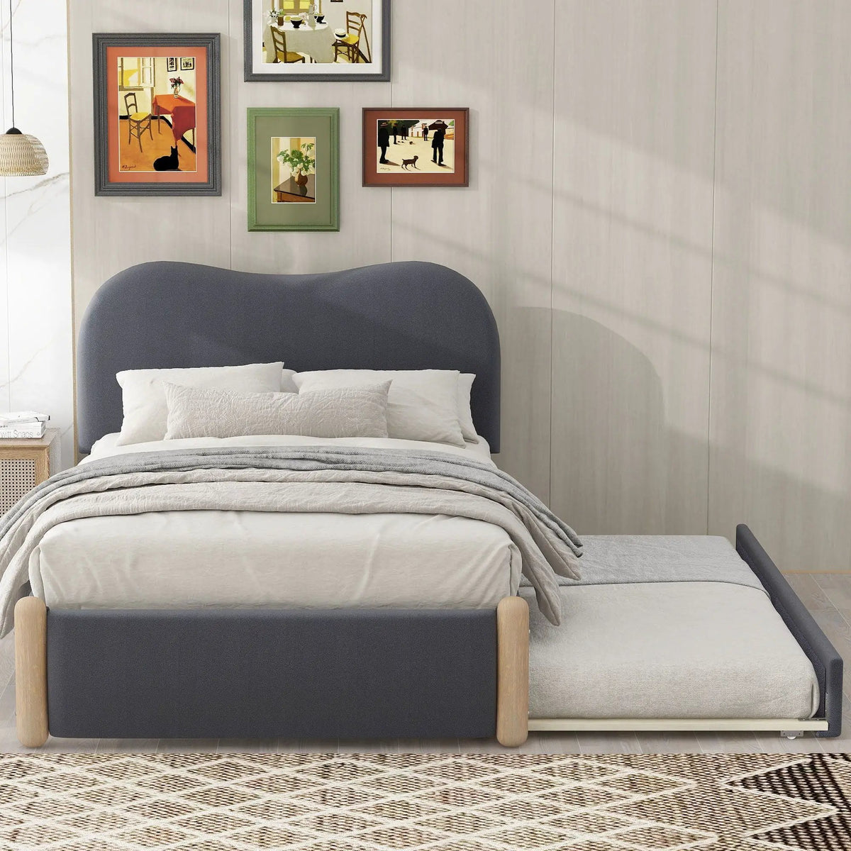 Upholstered Platform Bed | Trundle | Arc-Shaped Berber Fleece Headboard | Wood Supporting Feet