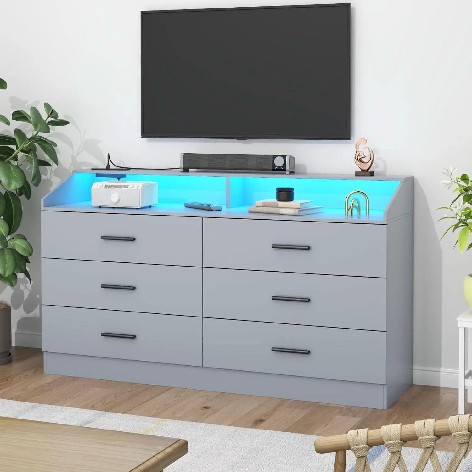 Grey Six Drawer Dresser With Power Outlet And USB Ports from PriceLows™