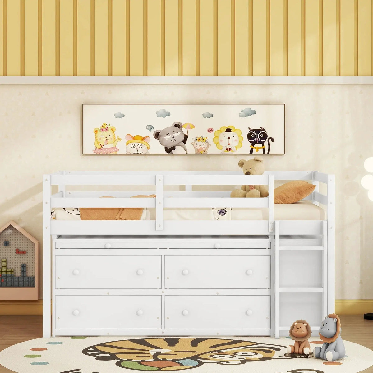 Loft Bed With Retractable Desk | 4 Front Drawers | Lateral Portable Desk | Side Shelves