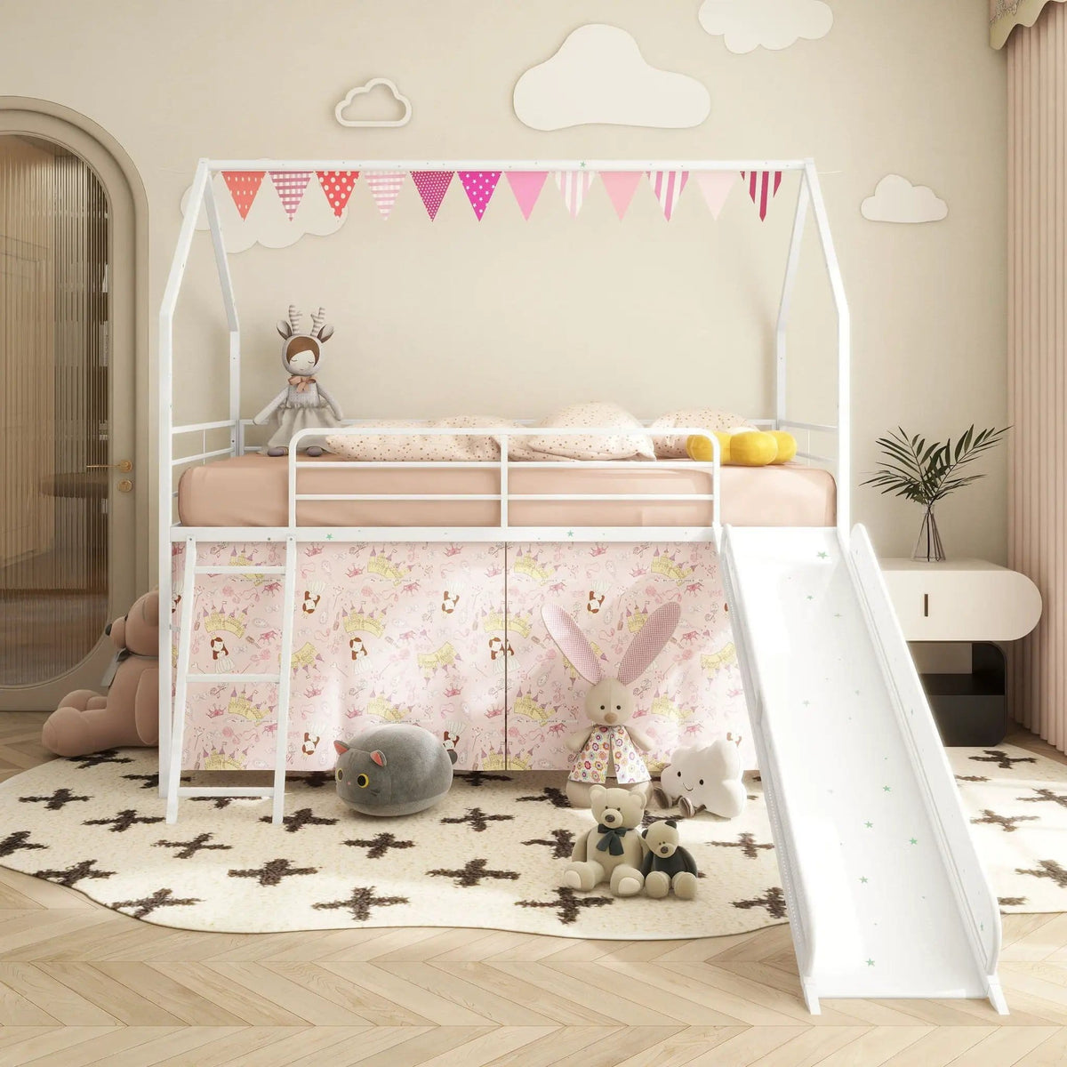 Jack House Loft Bed With Slide And Curtain Set | 5 Pieces | Metal | Bedroom