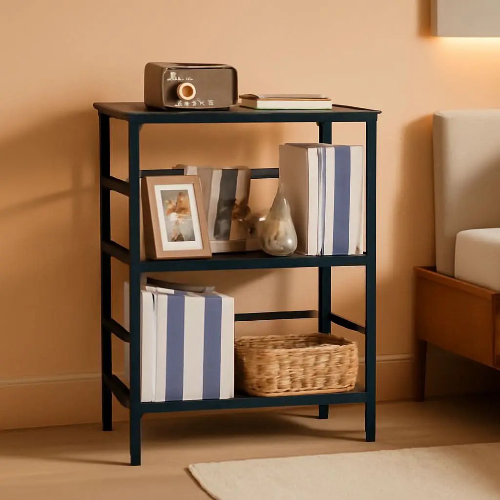 Three Tier Bookshelf Industrial Bookcase And Record Storage Rack With Side Fence Black Metal Frame Rustic Wood from PriceLows™