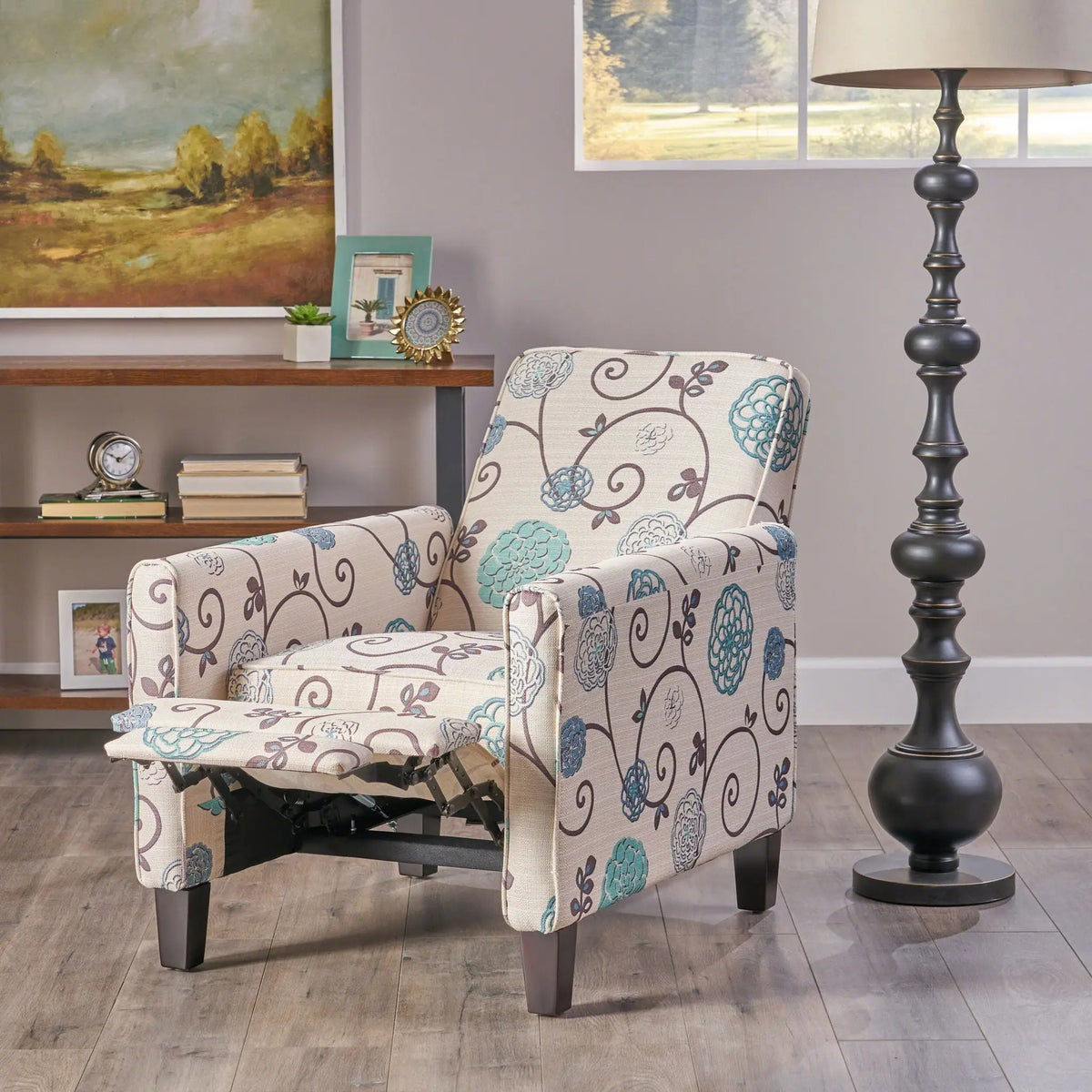 Push Back Upholstered Recliner Armchair | Extendable Footrest | Beech Wood Legs | 3 Reclining Positions