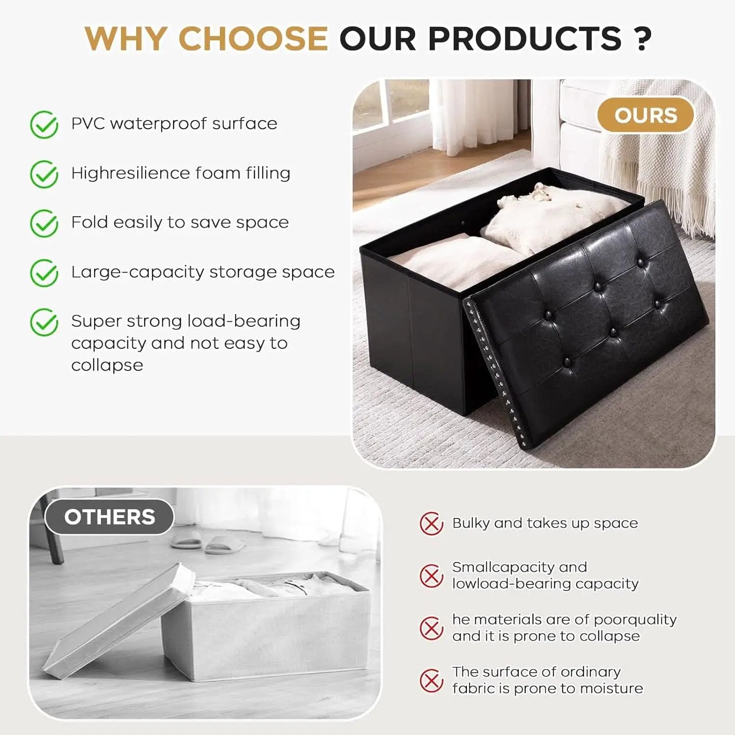 Faux Leather Folding Storage Ottoman 30 Inch Size Black from PriceLows™