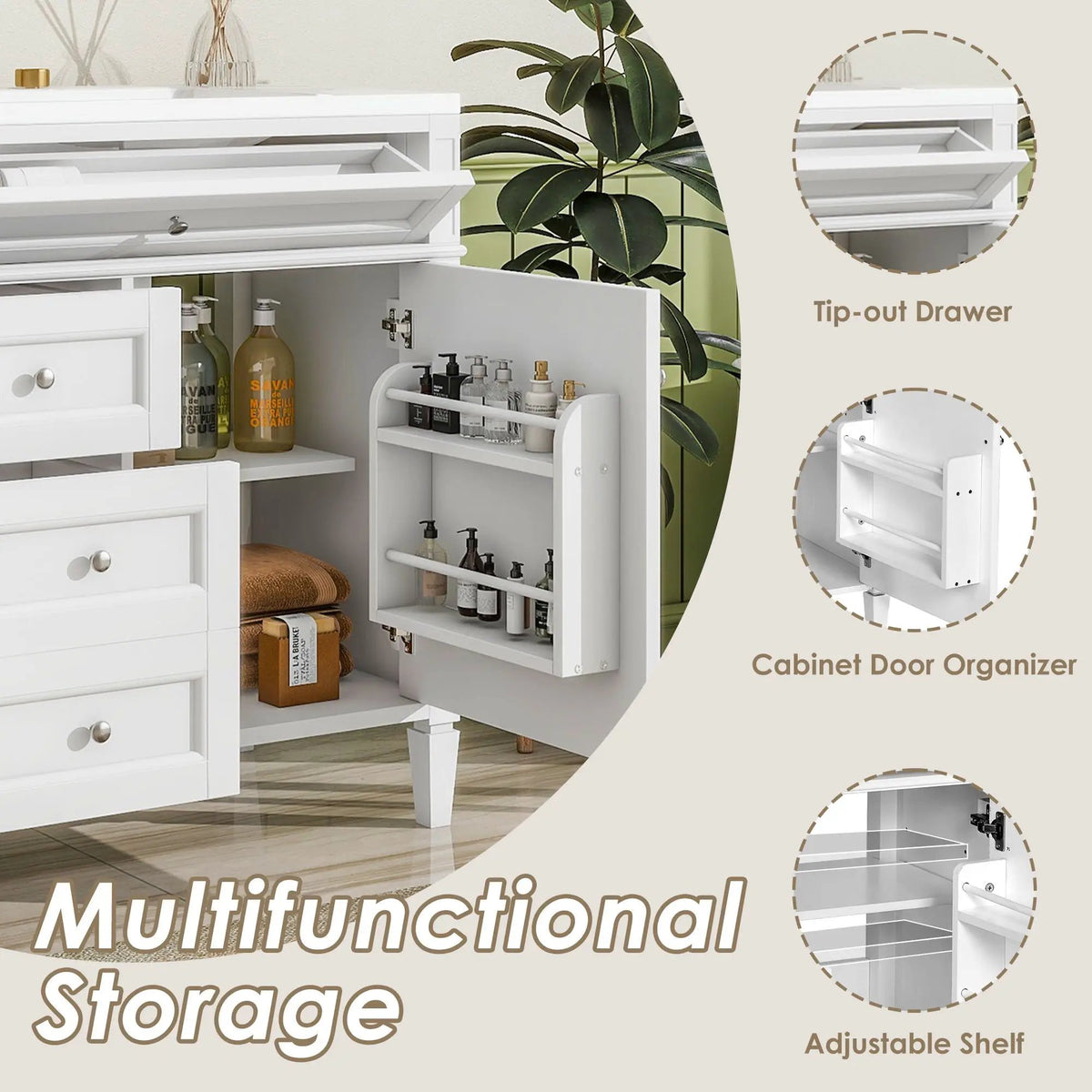 36 Inch Bathroom Vanity With Top Sink | 3 Drawers | Metal Drawer Slides | Ceramic Sink