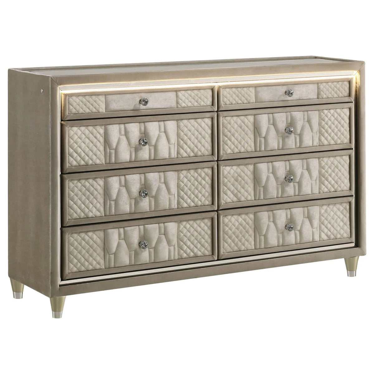 Lorient 8-drawer LED Bedroom Dresser Cabinet Ivory and Camel | 60.5 x 16 x 38.25 in | Rubberwood & Velvet | Bedroom