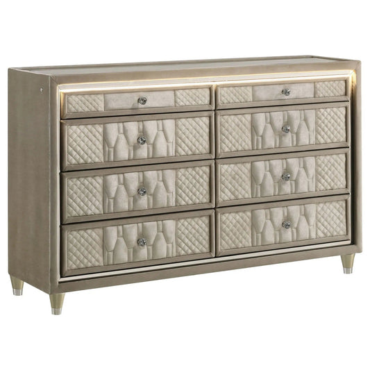 Lorient 8-drawer LED Bedroom Dresser Cabinet Ivory and Camel | 60.5 x 16 x 38.25 in | Rubberwood & Velvet | Bedroom