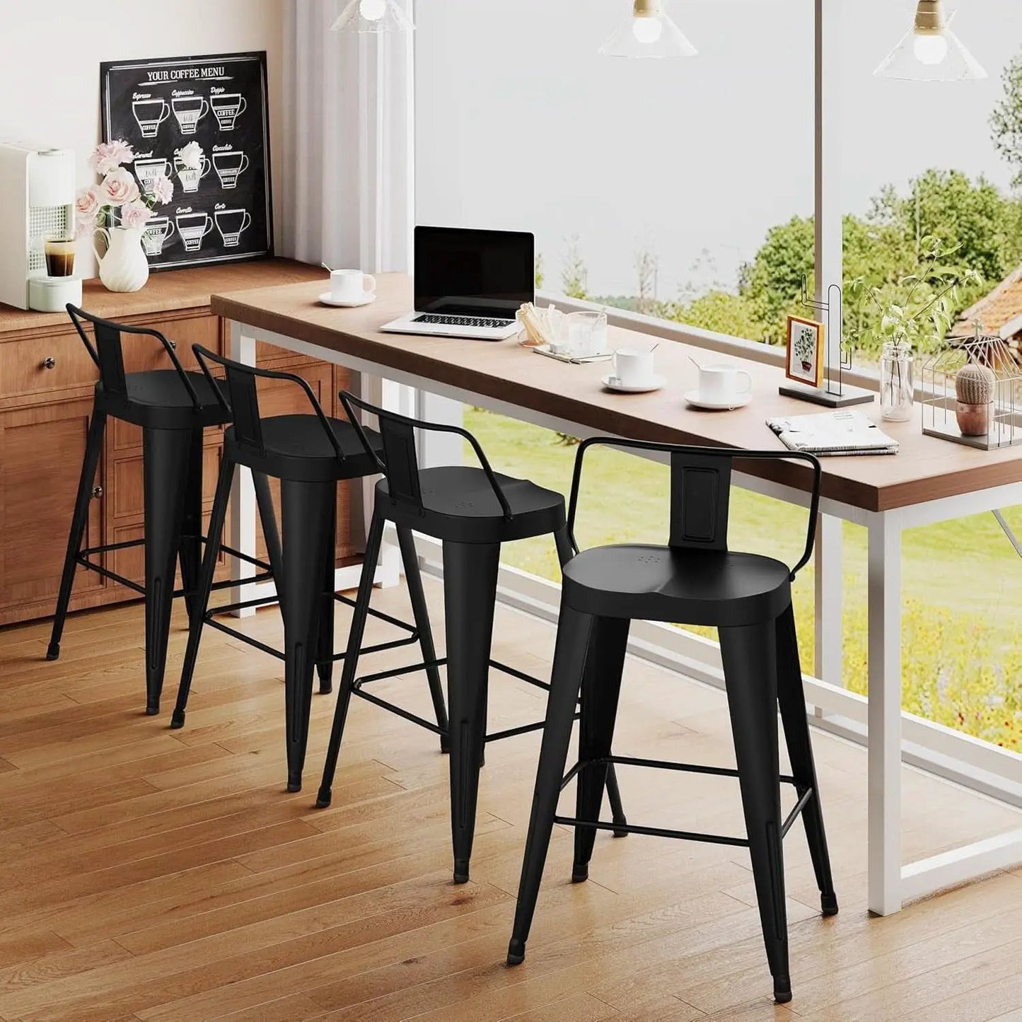 24 Inch Black Outdoor Metal Bar Stools Set of 4 Counter Height Large Ergonomic Seats from PriceLows™