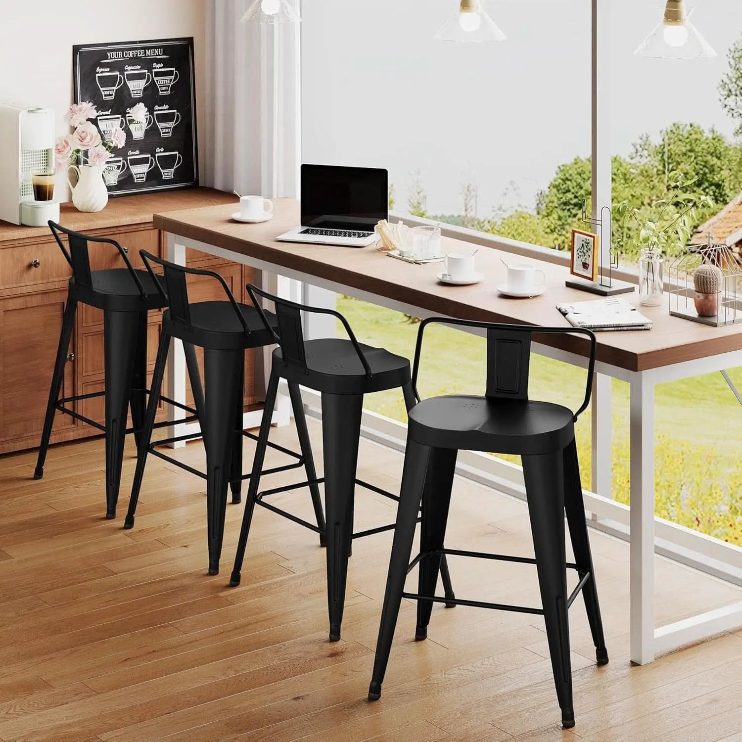 24 Inch Black Outdoor Metal Bar Stools Set of 4 Counter Height Large Ergonomic Seats from PriceLows™