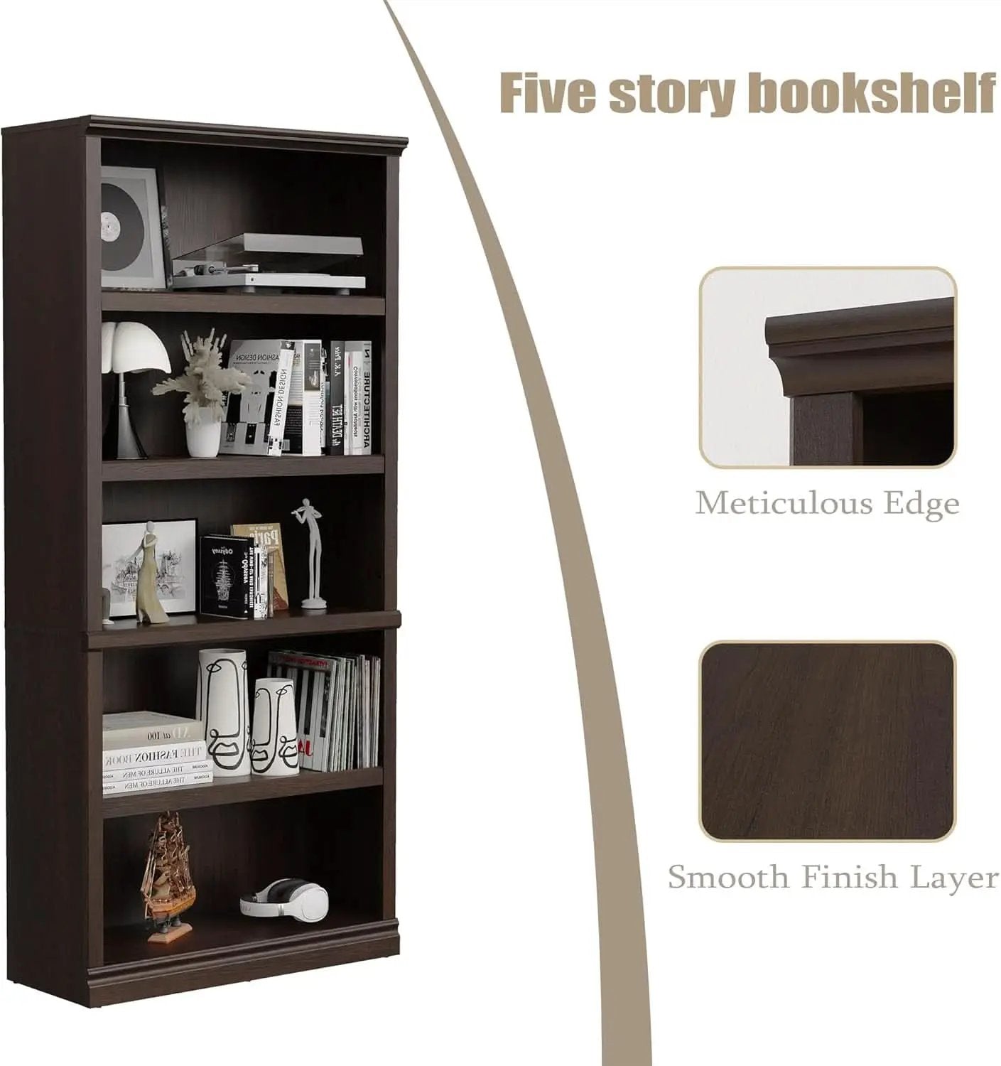 Bevfint 70 Inch Dark Cherry 5 Tier Floor Standing Bookcase from PriceLows™