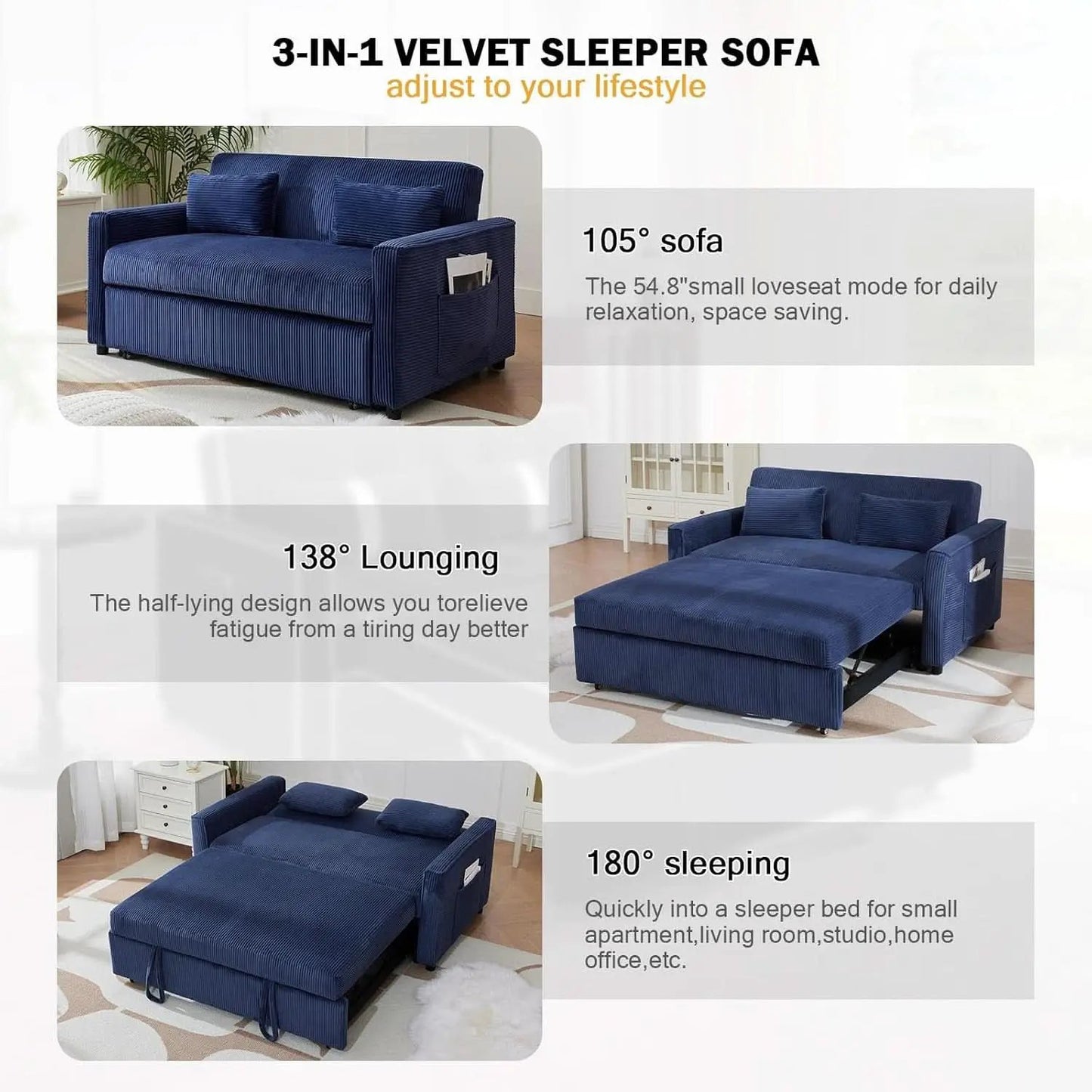 Navy Corduroy Convertible Sleeper Sofa Bed Pockets from PriceLows™