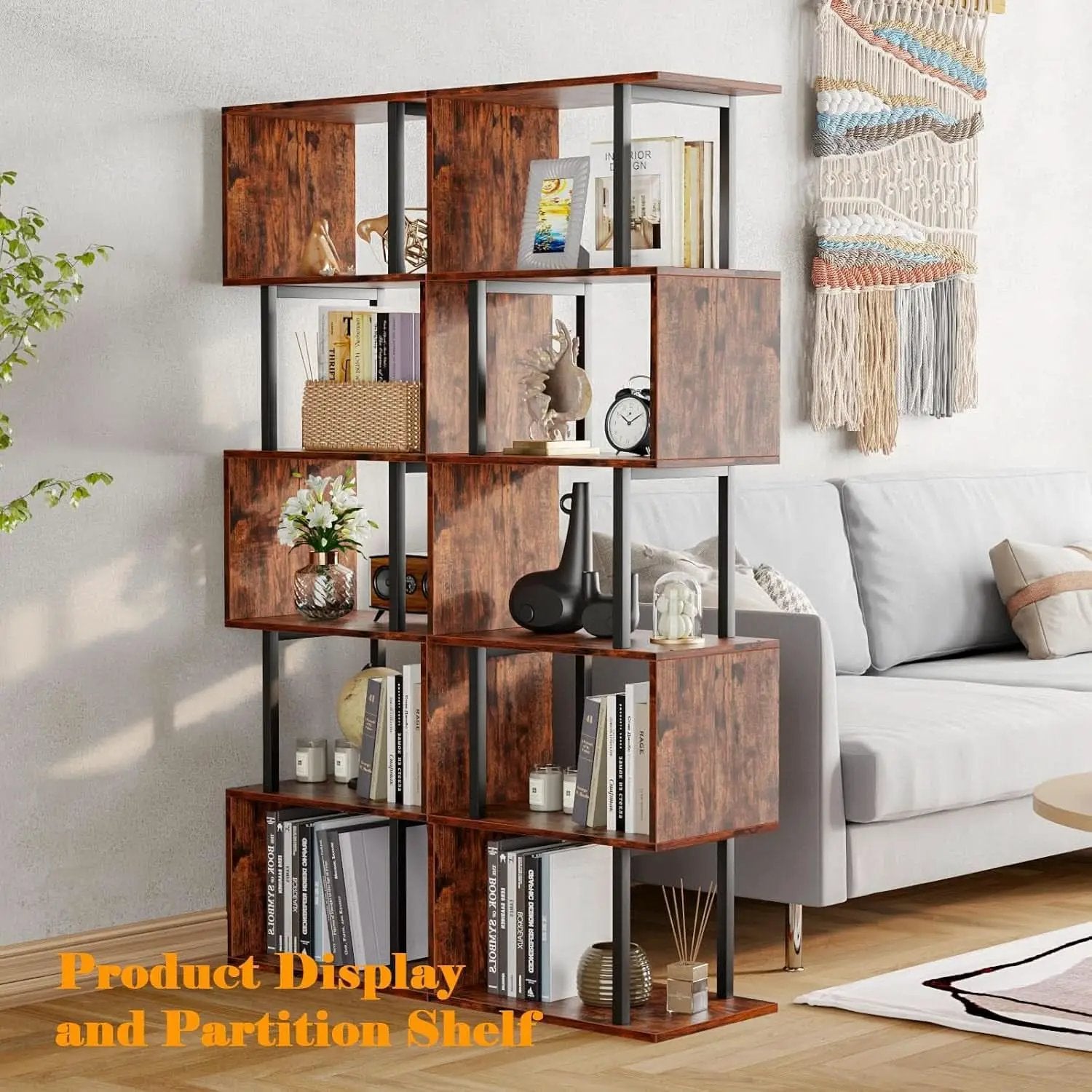 S Shaped 6 Tier Bookshelf Wood And Metal Room Divider from PriceLows™