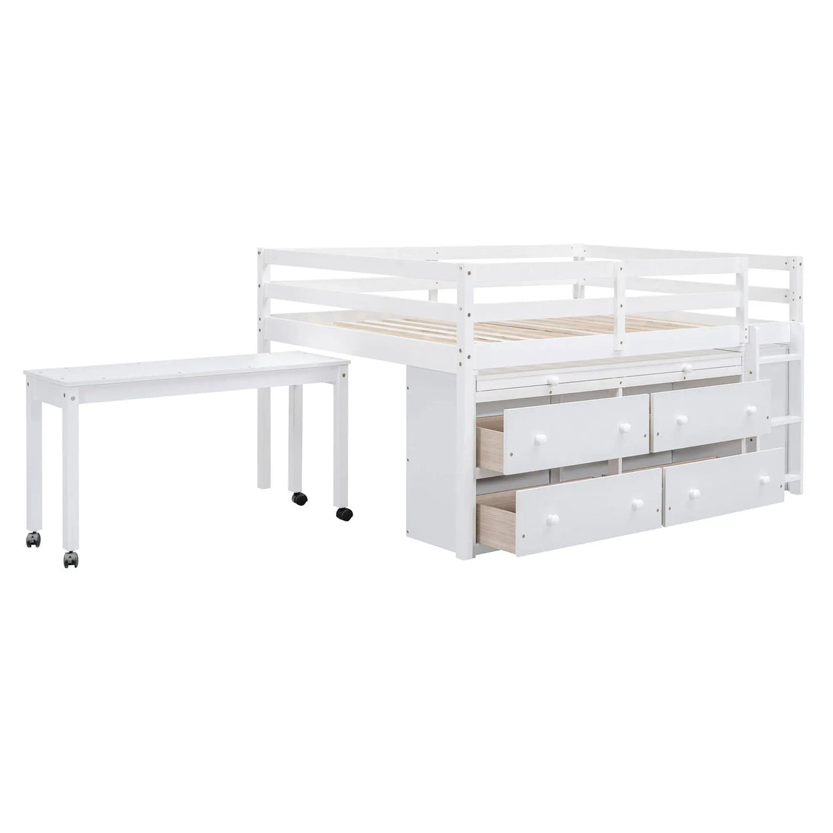 Loft Bed With Retractable Desk | 4 Front Drawers | Lateral Portable Desk | Side Shelves