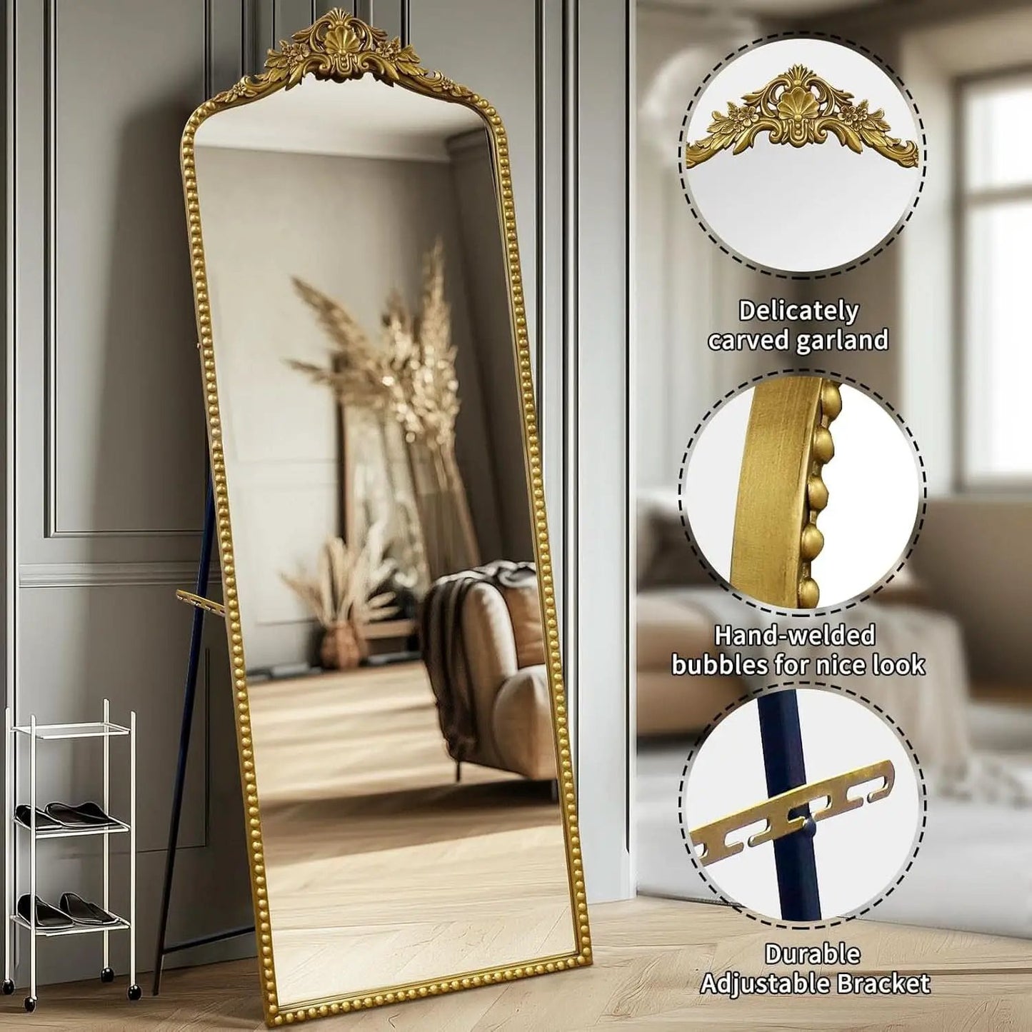 65 Inch Gold Baroque Full Length Floor Mirror Ornate Antique from PriceLows™