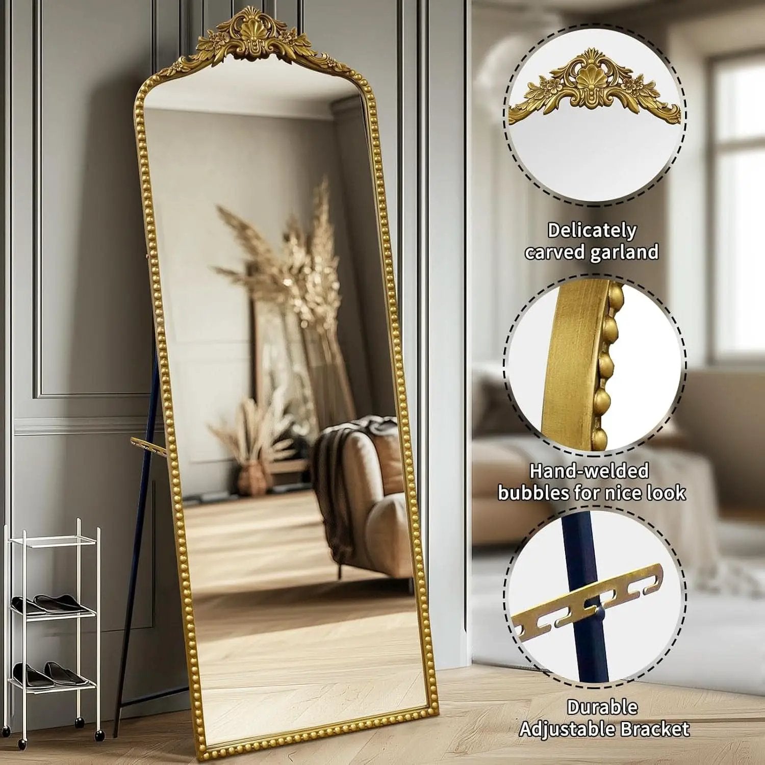 65 Inch Gold Baroque Full Length Floor Mirror Ornate Antique from PriceLows™