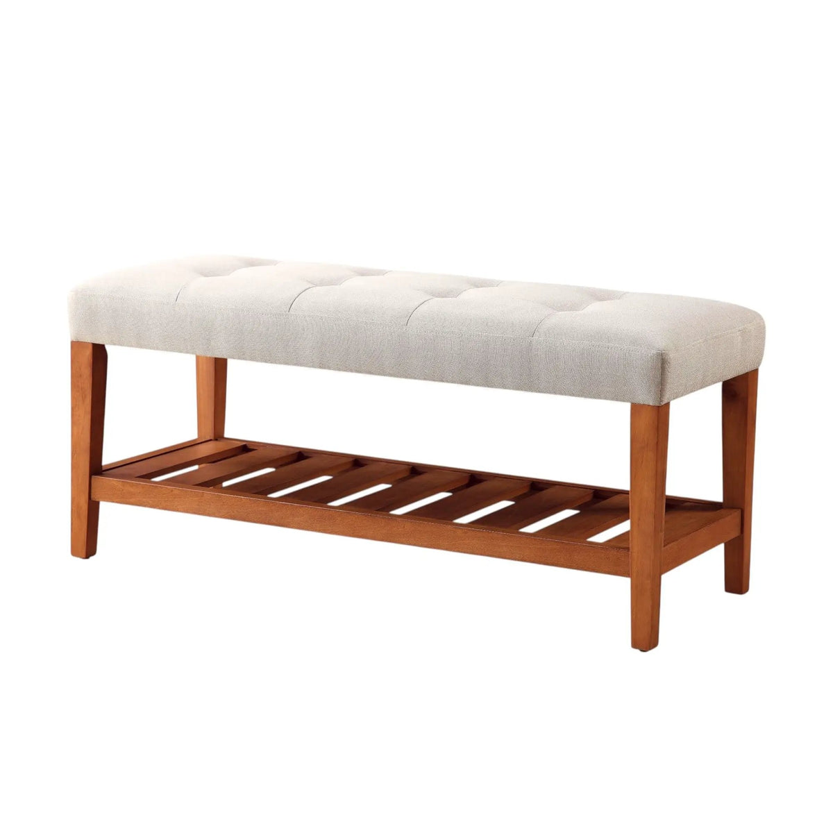 Charla Upholstered Bench | Tufted Fabric Seat | Oak Color Scheme | Armless Rectangular Design