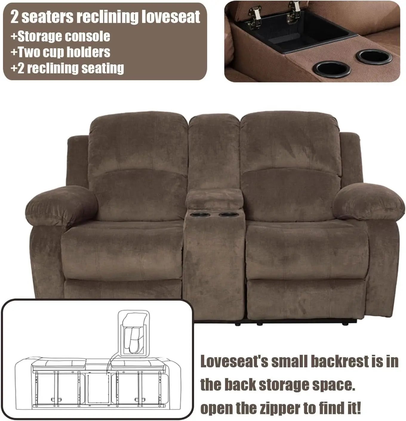 Recliner Sofa Set With Drop Down Table And Storage Console Brown Velvet from PriceLows™
