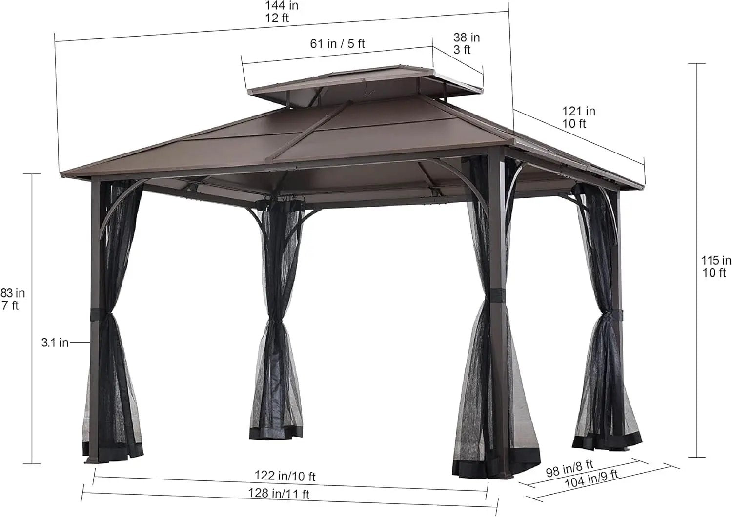 10x12 Brown Hardtop Gazebo With Steel Frame And Netting For Outdoor Patio Garden Canopy Shelter from PriceLows™