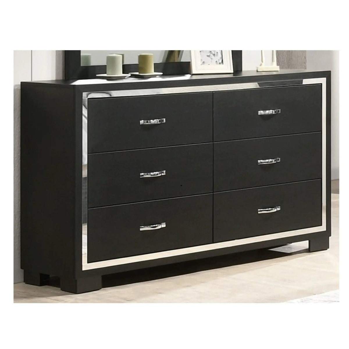 6 Drawer Dresser With Handles Bedroom Furniture - | 58.4 x 16.1 x 35.7 in | Metal & Wood | Black