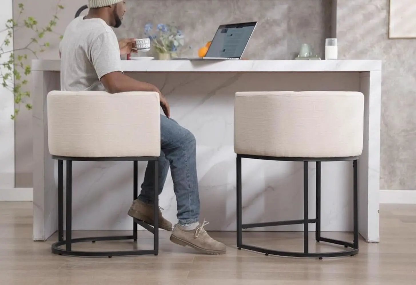 Contemporary Cream Linen Bar Stools Set Of 3 24 In from PriceLows™