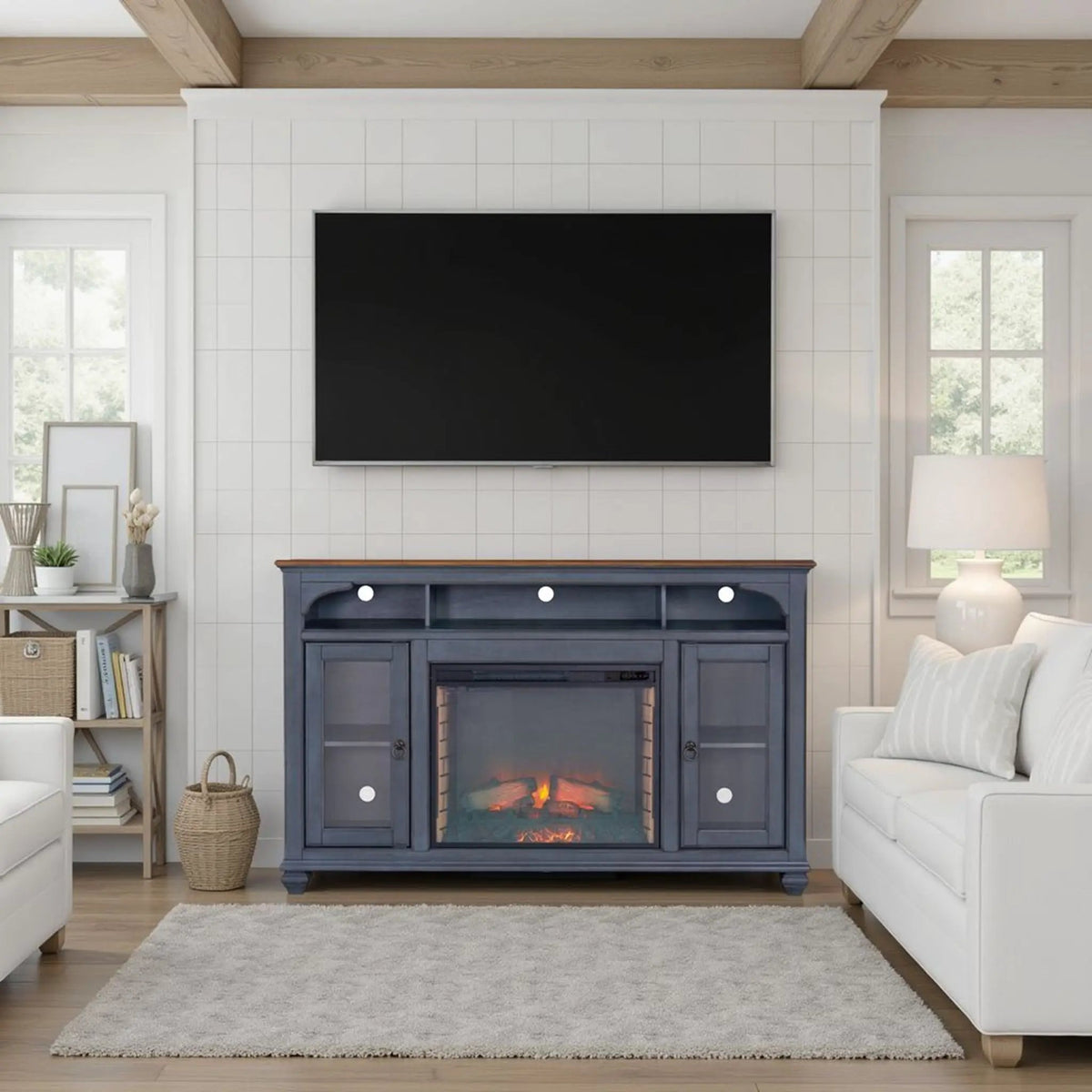 Fireplace TV Stand | Fits TVs Up To 80 Inch | Blue | Two Framed Glass Doors