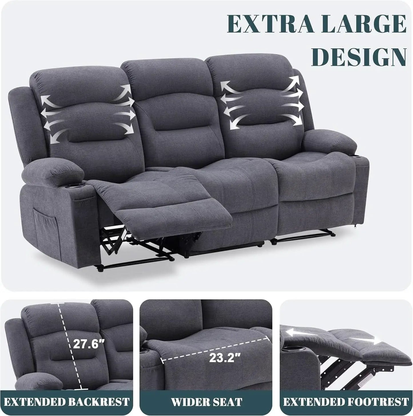 Oversized Charcoal Grey Recliner Sofa With USB Port And Heated Massage from PriceLows™