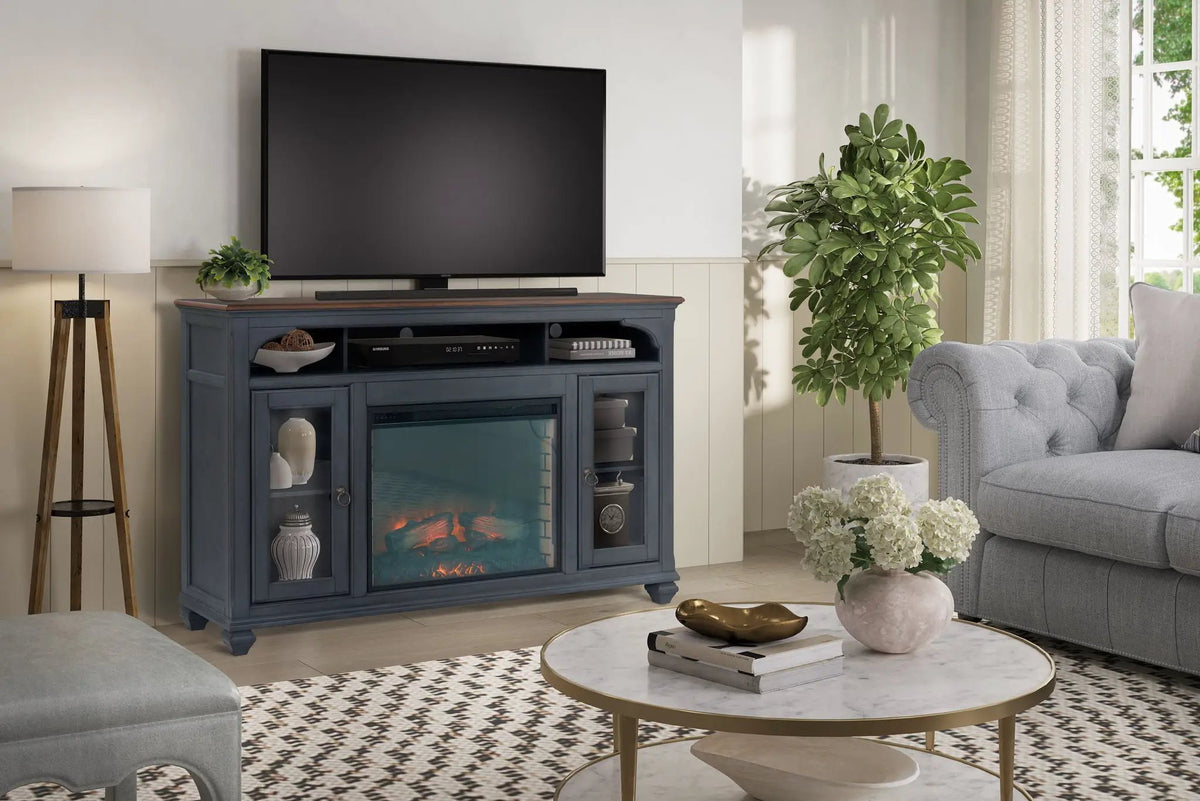 Fireplace TV Stand | Fits TVs Up To 80 Inch | Blue | Two Framed Glass Doors