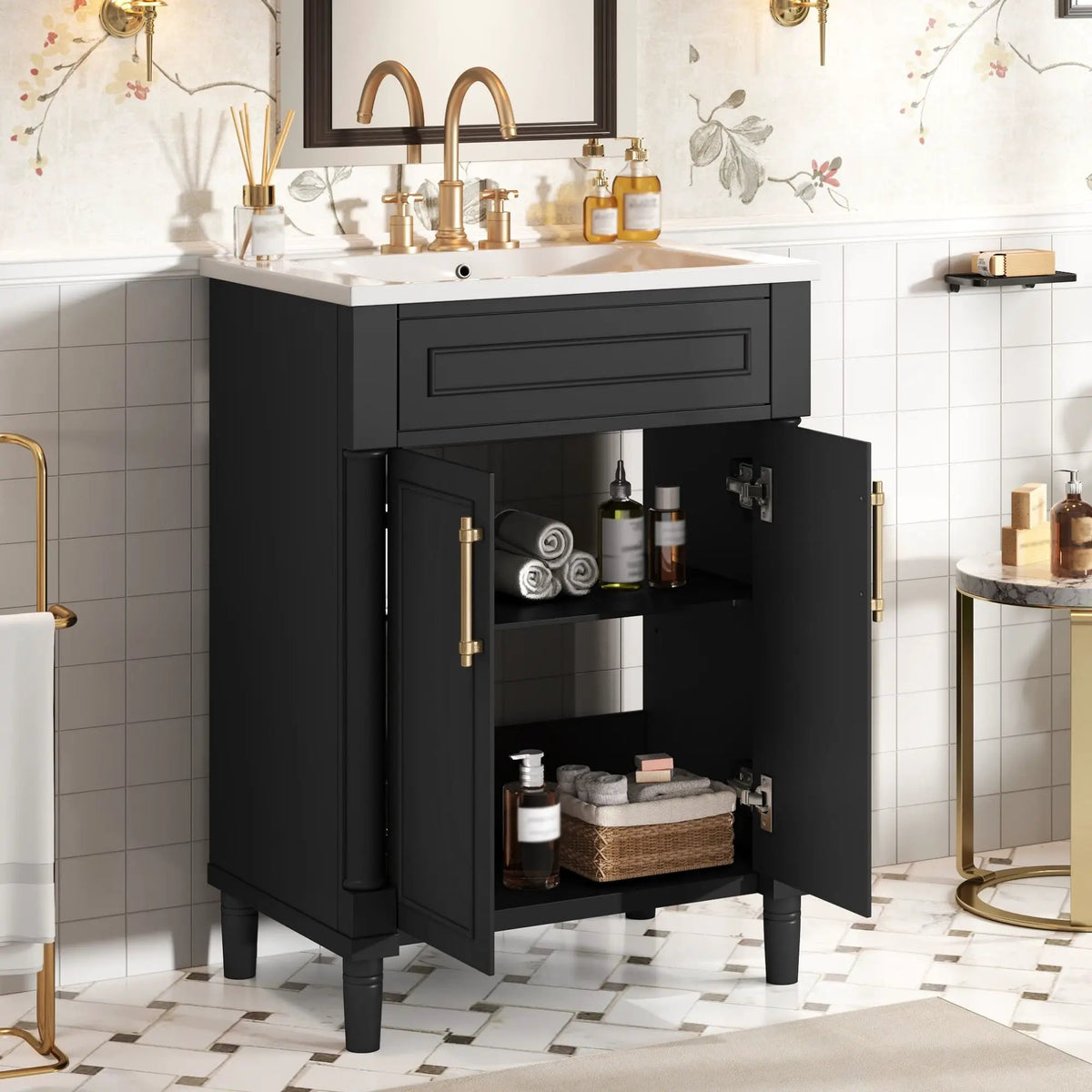 24 Inch Bathroom Vanity | Integrated Sink | 2 Door Cabinet | Small To Medium Bathrooms